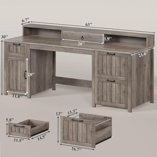 Alt view image 2 of 6 - Farmhouse 63" Executive Desk, Wood Computer Desk with Drawers and Storage Cabinet, Home Office Desk with File Drawer and Monitor Stand, Wood Desk for Work Study Writing, Grey