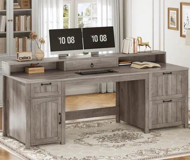 Alt view image 3 of 6 - Farmhouse 63" Executive Desk, Wood Computer Desk with Drawers and Storage Cabinet, Home Office Desk with File Drawer and Monitor Stand, Wood Desk for Work Study Writing, Grey