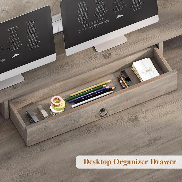 Alt view image 6 of 6 - Farmhouse 63" Executive Desk, Wood Computer Desk with Drawers and Storage Cabinet, Home Office Desk with File Drawer and Monitor Stand, Wood Desk for Work Study Writing, Grey