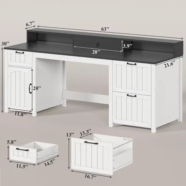 Alt view image 2 of 6 - Farmhouse 63" Executive Desk, Home Office Desk with File Drawer and Monitor Stand, Computer Desk with Drawers and Storage Cabinet, Wood Desk for Work Study Writing, White