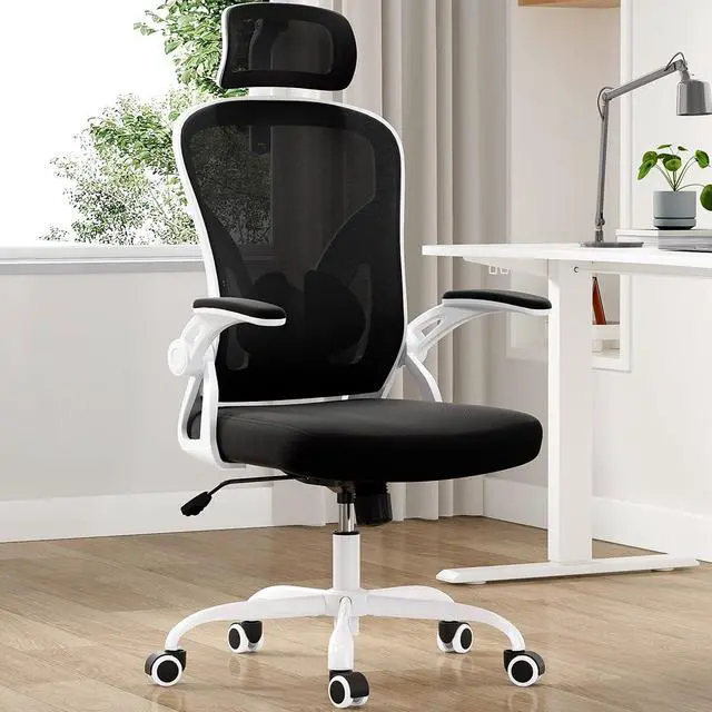 Main image of Ergonomic Office Chair, Home Office Desk Chair with Headrest, High Back Swivel Computer Chair with Armrests and Adjustable Lumbar Support for Home Office Study Room, White & Black