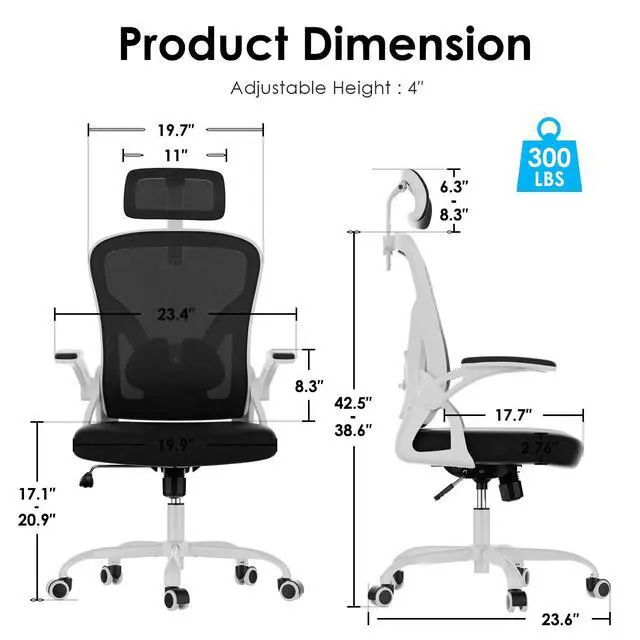Alt view image 2 of 6 - Ergonomic Office Chair, Home Office Desk Chair with Headrest, High Back Swivel Computer Chair with Armrests and Adjustable Lumbar Support for Home Office Study Room, White & Black
