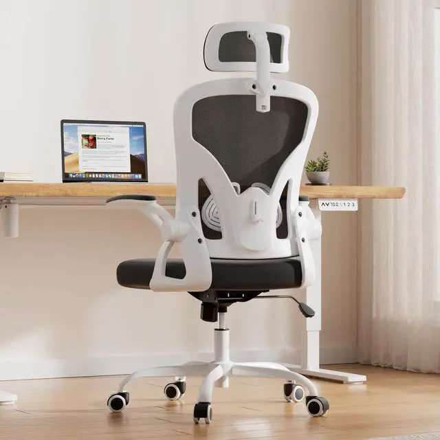 Alt view image 3 of 6 - Ergonomic Office Chair, Home Office Desk Chair with Headrest, High Back Swivel Computer Chair with Armrests and Adjustable Lumbar Support for Home Office Study Room, White & Black