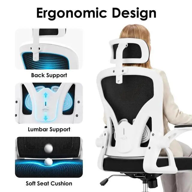 Alt view image 4 of 6 - Ergonomic Office Chair, Home Office Desk Chair with Headrest, High Back Swivel Computer Chair with Armrests and Adjustable Lumbar Support for Home Office Study Room, White & Black
