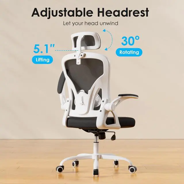 Alt view image 5 of 6 - Ergonomic Office Chair, Home Office Desk Chair with Headrest, High Back Swivel Computer Chair with Armrests and Adjustable Lumbar Support for Home Office Study Room, White & Black