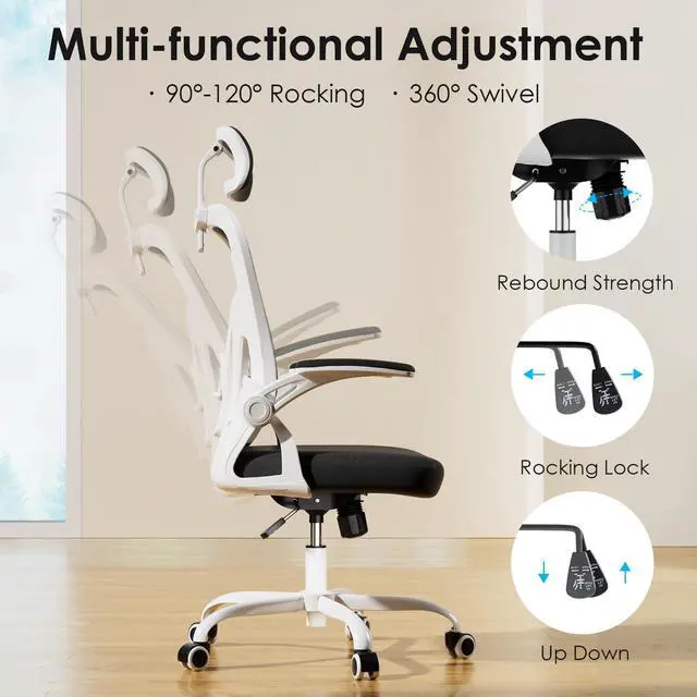 Alt view image 6 of 6 - Ergonomic Office Chair, Home Office Desk Chair with Headrest, High Back Swivel Computer Chair with Armrests and Adjustable Lumbar Support for Home Office Study Room, White & Black