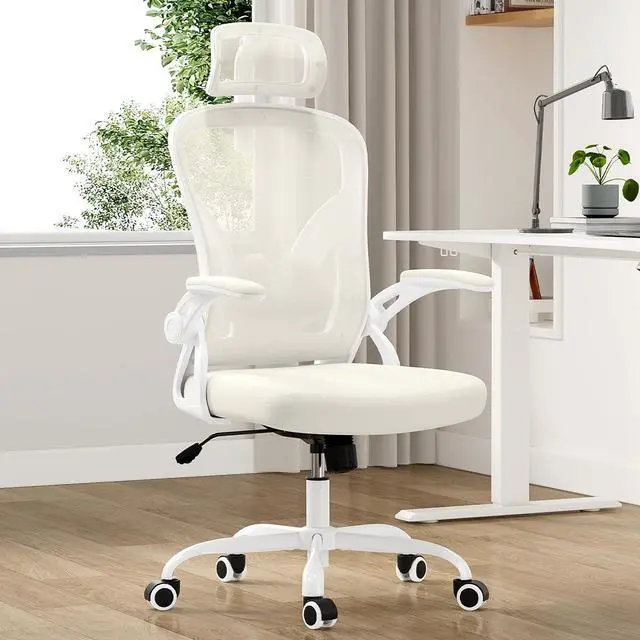 Main image of Ergonomic Office Chair, Home Office Desk Chair with Headrest, High Back Swivel Computer Chair with Armrests and Adjustable Lumbar Support for Home Office Study Room, White & Beige