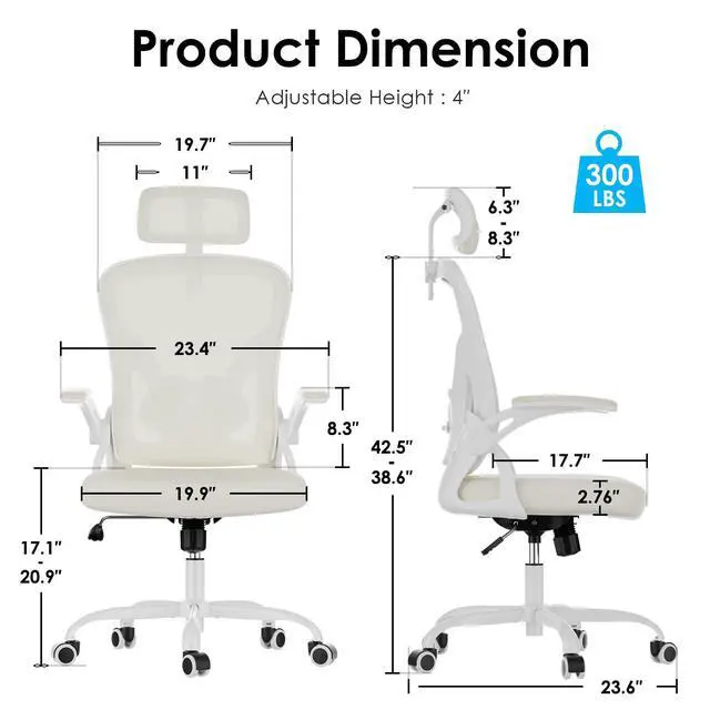 Alt view image 2 of 6 - Ergonomic Office Chair, Home Office Desk Chair with Headrest, High Back Swivel Computer Chair with Armrests and Adjustable Lumbar Support for Home Office Study Room, White & Beige