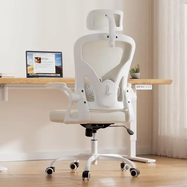 Alt view image 3 of 6 - Ergonomic Office Chair, Home Office Desk Chair with Headrest, High Back Swivel Computer Chair with Armrests and Adjustable Lumbar Support for Home Office Study Room, White & Beige