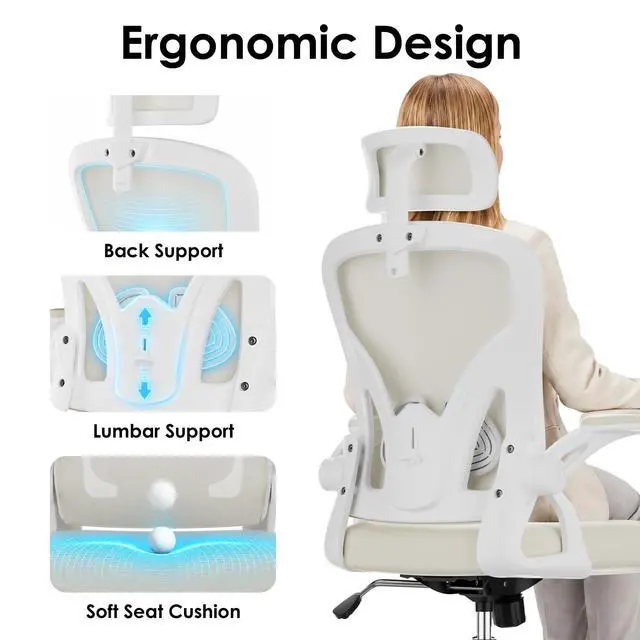 Alt view image 4 of 6 - Ergonomic Office Chair, Home Office Desk Chair with Headrest, High Back Swivel Computer Chair with Armrests and Adjustable Lumbar Support for Home Office Study Room, White & Beige