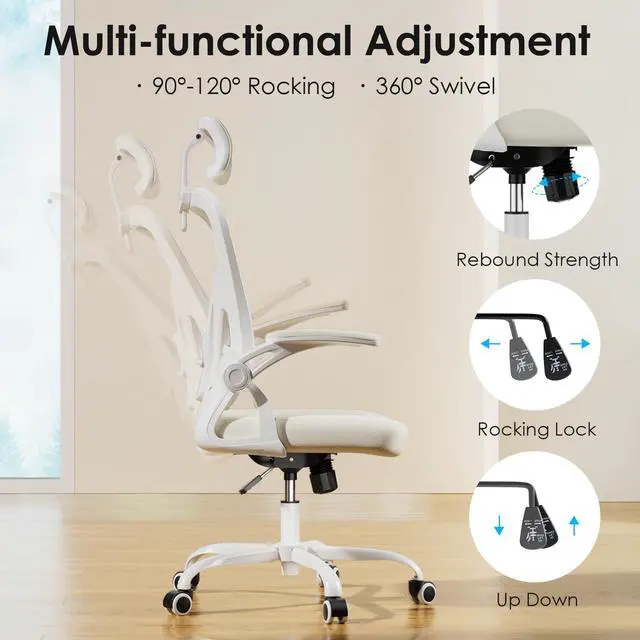 Alt view image 5 of 6 - Ergonomic Office Chair, Home Office Desk Chair with Headrest, High Back Swivel Computer Chair with Armrests and Adjustable Lumbar Support for Home Office Study Room, White & Beige