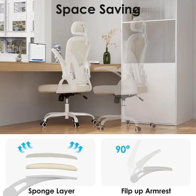 Alt view image 6 of 6 - Ergonomic Office Chair, Home Office Desk Chair with Headrest, High Back Swivel Computer Chair with Armrests and Adjustable Lumbar Support for Home Office Study Room, White & Beige