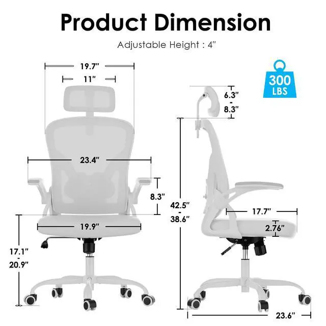 Alt view image 2 of 6 - Ergonomic Office Chair, Home Office Desk Chair with Headrest, High Back Swivel Computer Chair with Armrests and Adjustable Lumbar Support for Home Office Study Room, White & White