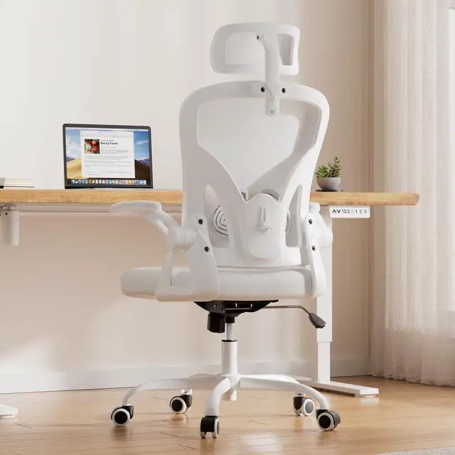 Alt view image 3 of 6 - Ergonomic Office Chair, Home Office Desk Chair with Headrest, High Back Swivel Computer Chair with Armrests and Adjustable Lumbar Support for Home Office Study Room, White & White