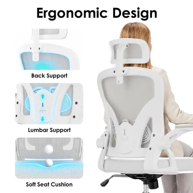 Alt view image 4 of 6 - Ergonomic Office Chair, Home Office Desk Chair with Headrest, High Back Swivel Computer Chair with Armrests and Adjustable Lumbar Support for Home Office Study Room, White & White
