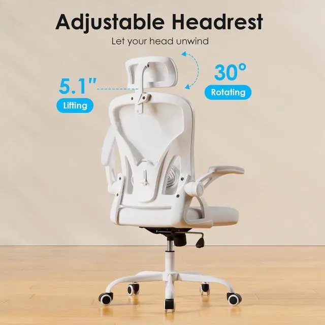 Alt view image 5 of 6 - Ergonomic Office Chair, Home Office Desk Chair with Headrest, High Back Swivel Computer Chair with Armrests and Adjustable Lumbar Support for Home Office Study Room, White & White