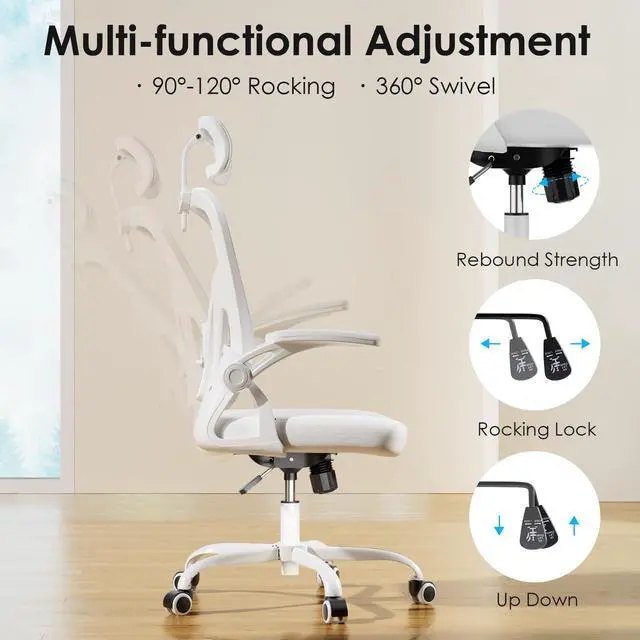 Alt view image 6 of 6 - Ergonomic Office Chair, Home Office Desk Chair with Headrest, High Back Swivel Computer Chair with Armrests and Adjustable Lumbar Support for Home Office Study Room, White & White