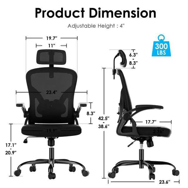 Alt view image 2 of 6 - Ergonomic Office Chair, Home Office Desk Chair with Headrest, High Back Swivel Computer Chair with Armrests and Adjustable Lumbar Support for Home Office Study Room, Black & Dark Black