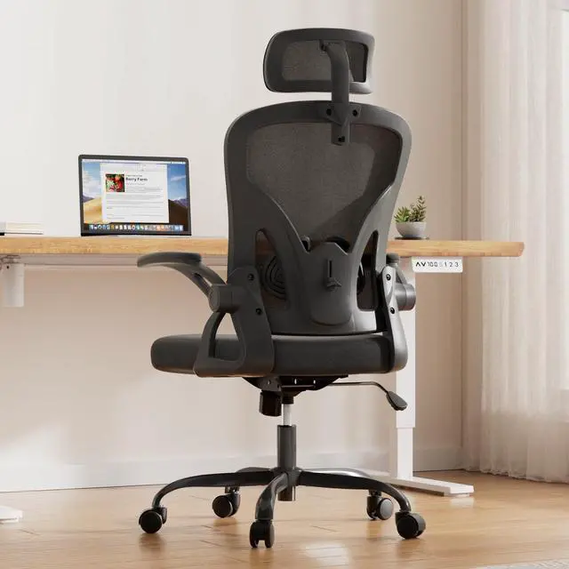 Alt view image 3 of 6 - Ergonomic Office Chair, Home Office Desk Chair with Headrest, High Back Swivel Computer Chair with Armrests and Adjustable Lumbar Support for Home Office Study Room, Black & Dark Black
