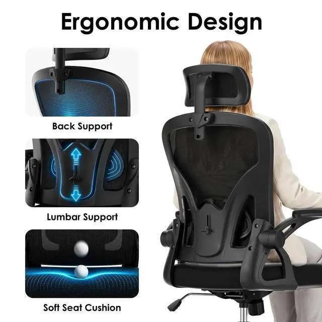 Alt view image 4 of 6 - Ergonomic Office Chair, Home Office Desk Chair with Headrest, High Back Swivel Computer Chair with Armrests and Adjustable Lumbar Support for Home Office Study Room, Black & Dark Black