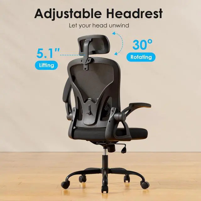 Alt view image 5 of 6 - Ergonomic Office Chair, Home Office Desk Chair with Headrest, High Back Swivel Computer Chair with Armrests and Adjustable Lumbar Support for Home Office Study Room, Black & Dark Black