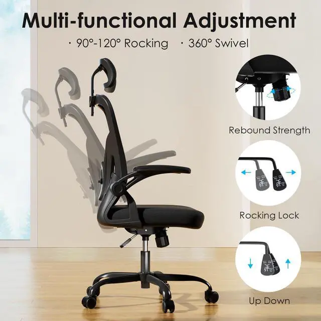 Alt view image 6 of 6 - Ergonomic Office Chair, Home Office Desk Chair with Headrest, High Back Swivel Computer Chair with Armrests and Adjustable Lumbar Support for Home Office Study Room, Black & Dark Black