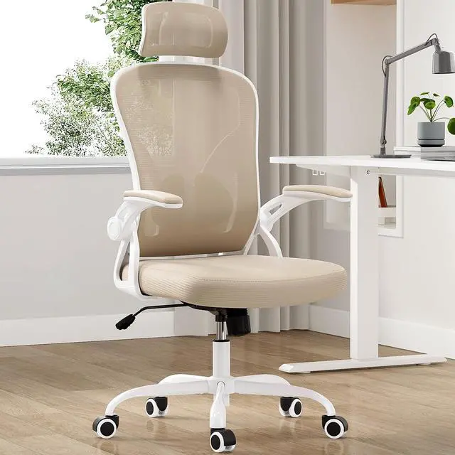 Main image of Ergonomic Office Chair, Home Office Desk Chair with Headrest, High Back Swivel Computer Chair with Armrests and Adjustable Lumbar Support for Home Office Study Room, White & Khaki