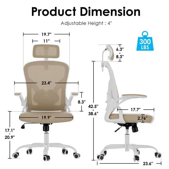 Alt view image 2 of 6 - Ergonomic Office Chair, Home Office Desk Chair with Headrest, High Back Swivel Computer Chair with Armrests and Adjustable Lumbar Support for Home Office Study Room, White & Khaki