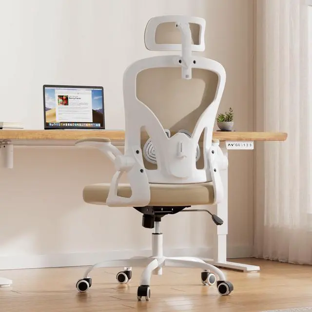 Alt view image 3 of 6 - Ergonomic Office Chair, Home Office Desk Chair with Headrest, High Back Swivel Computer Chair with Armrests and Adjustable Lumbar Support for Home Office Study Room, White & Khaki