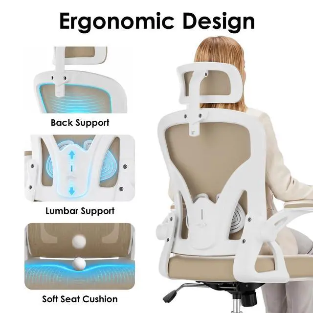 Alt view image 4 of 6 - Ergonomic Office Chair, Home Office Desk Chair with Headrest, High Back Swivel Computer Chair with Armrests and Adjustable Lumbar Support for Home Office Study Room, White & Khaki