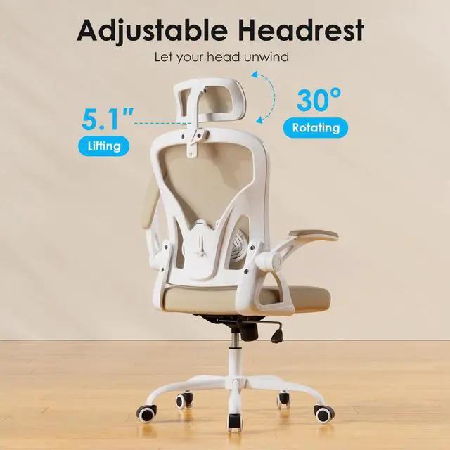 Alt view image 5 of 6 - Ergonomic Office Chair, Home Office Desk Chair with Headrest, High Back Swivel Computer Chair with Armrests and Adjustable Lumbar Support for Home Office Study Room, White & Khaki