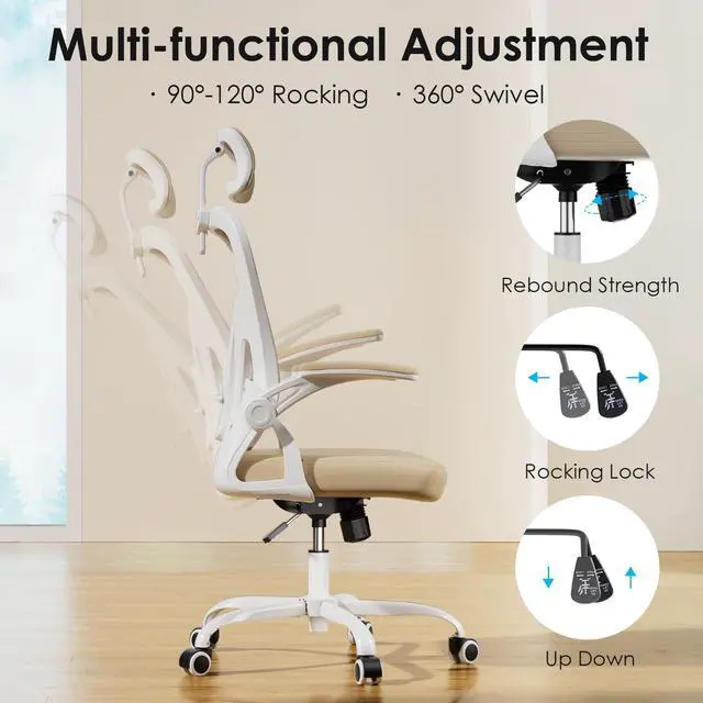 Alt view image 6 of 6 - Ergonomic Office Chair, Home Office Desk Chair with Headrest, High Back Swivel Computer Chair with Armrests and Adjustable Lumbar Support for Home Office Study Room, White & Khaki