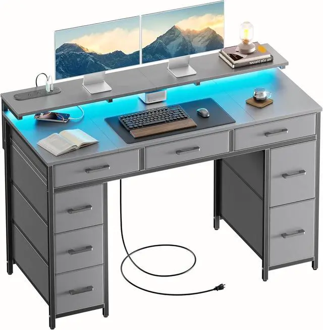 Main image of 47 inch Computer Desk with 8 Storage Drawers, Gaming Desk with LED Lights & USB Power Outlets, Home Office Table with Monitor Stand, Study Writing Work Table for Bedroom, Grey