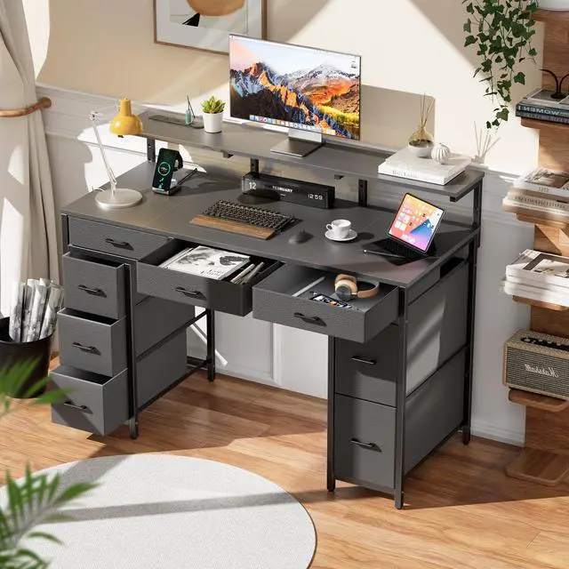 Alt view image 2 of 6 - 47 inch Computer Desk with 8 Storage Drawers, Gaming Desk with LED Lights & USB Power Outlets, Home Office Table with Monitor Stand, Study Writing Work Table for Bedroom, Grey