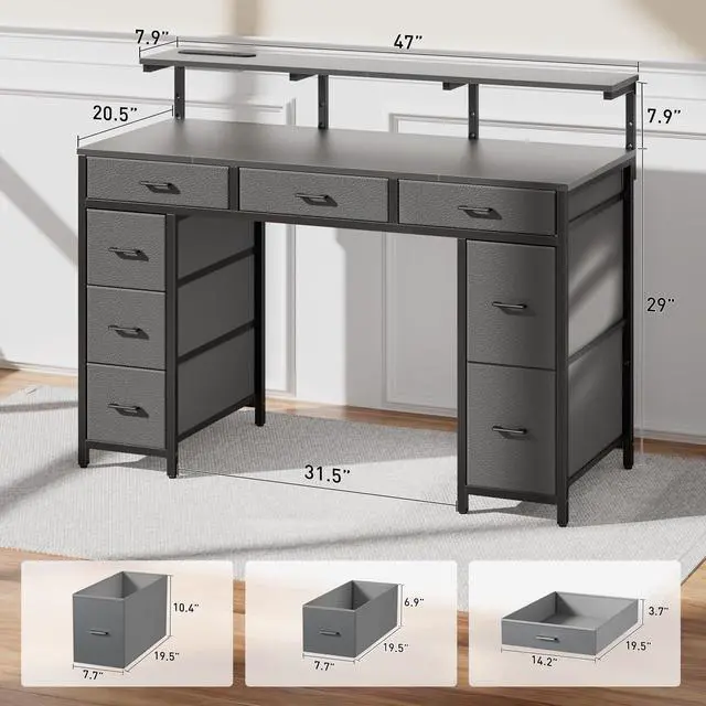 Alt view image 3 of 6 - 47 inch Computer Desk with 8 Storage Drawers, Gaming Desk with LED Lights & USB Power Outlets, Home Office Table with Monitor Stand, Study Writing Work Table for Bedroom, Grey