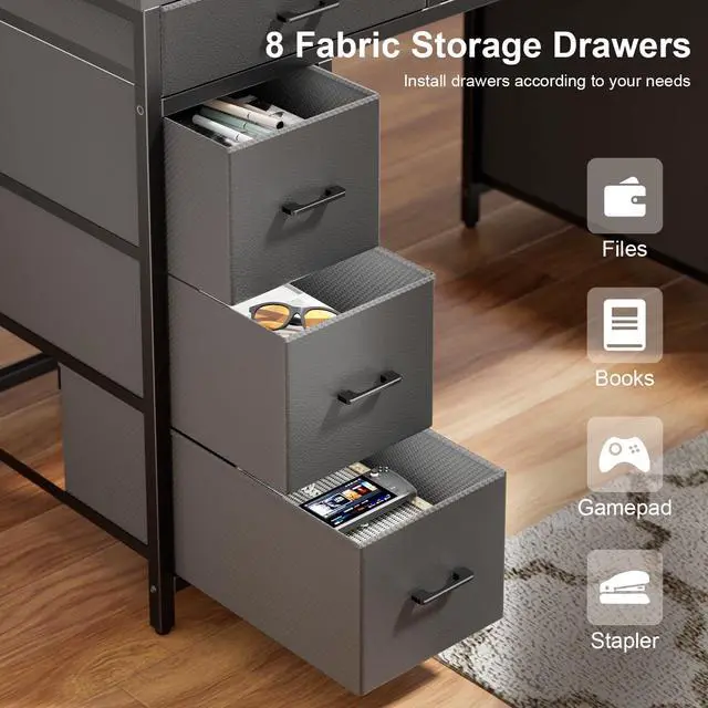 Alt view image 6 of 6 - 47 inch Computer Desk with 8 Storage Drawers, Gaming Desk with LED Lights & USB Power Outlets, Home Office Table with Monitor Stand, Study Writing Work Table for Bedroom, Grey