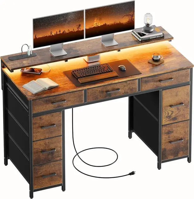 Main image of 47 inch Computer Desk with 8 Storage Drawers, Gaming Desk with LED Lights & USB Power Outlets, Home Office Table with Monitor Stand, Study Writing Work Table for Bedroom, Rustic Brown