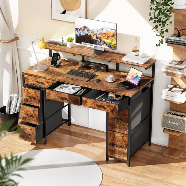 Alt view image 2 of 6 - 47 inch Computer Desk with 8 Storage Drawers, Gaming Desk with LED Lights & USB Power Outlets, Home Office Table with Monitor Stand, Study Writing Work Table for Bedroom, Rustic Brown