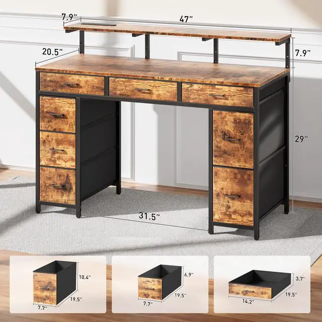 Alt view image 3 of 6 - 47 inch Computer Desk with 8 Storage Drawers, Gaming Desk with LED Lights & USB Power Outlets, Home Office Table with Monitor Stand, Study Writing Work Table for Bedroom, Rustic Brown