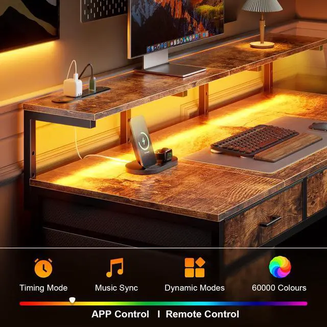 Alt view image 4 of 6 - 47 inch Computer Desk with 8 Storage Drawers, Gaming Desk with LED Lights & USB Power Outlets, Home Office Table with Monitor Stand, Study Writing Work Table for Bedroom, Rustic Brown