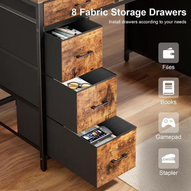 Alt view image 6 of 6 - 47 inch Computer Desk with 8 Storage Drawers, Gaming Desk with LED Lights & USB Power Outlets, Home Office Table with Monitor Stand, Study Writing Work Table for Bedroom, Rustic Brown