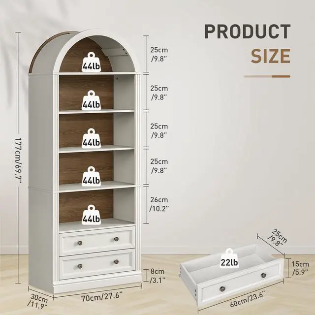 Alt view image 2 of 6 - Farmhouse Arched Bookshelf, 7 Tiers Arch Bookcase with 2 Spacious Drawers, Modern Book Shelf with Open Display Shelves and Storage Cabinet, for Office, Living Room, Kitchen, Walnut and White