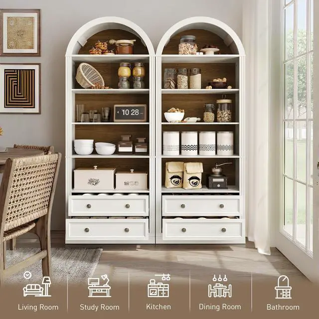 Alt view image 3 of 6 - Farmhouse Arched Bookshelf, 7 Tiers Arch Bookcase with 2 Spacious Drawers, Modern Book Shelf with Open Display Shelves and Storage Cabinet, for Office, Living Room, Kitchen, Walnut and White