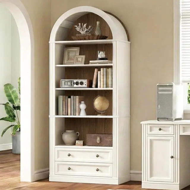 Alt view image 4 of 6 - Farmhouse Arched Bookshelf, 7 Tiers Arch Bookcase with 2 Spacious Drawers, Modern Book Shelf with Open Display Shelves and Storage Cabinet, for Office, Living Room, Kitchen, Walnut and White