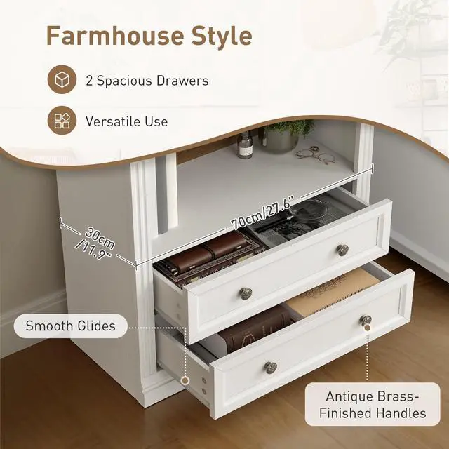 Alt view image 5 of 6 - Farmhouse Arched Bookshelf, 7 Tiers Arch Bookcase with 2 Spacious Drawers, Modern Book Shelf with Open Display Shelves and Storage Cabinet, for Office, Living Room, Kitchen, Walnut and White