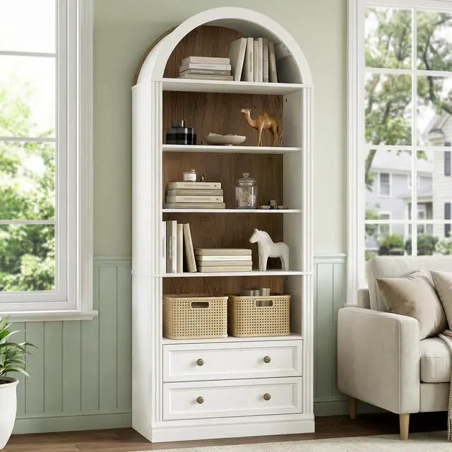 Alt view image 6 of 6 - Farmhouse Arched Bookshelf, 7 Tiers Arch Bookcase with 2 Spacious Drawers, Modern Book Shelf with Open Display Shelves and Storage Cabinet, for Office, Living Room, Kitchen, Walnut and White