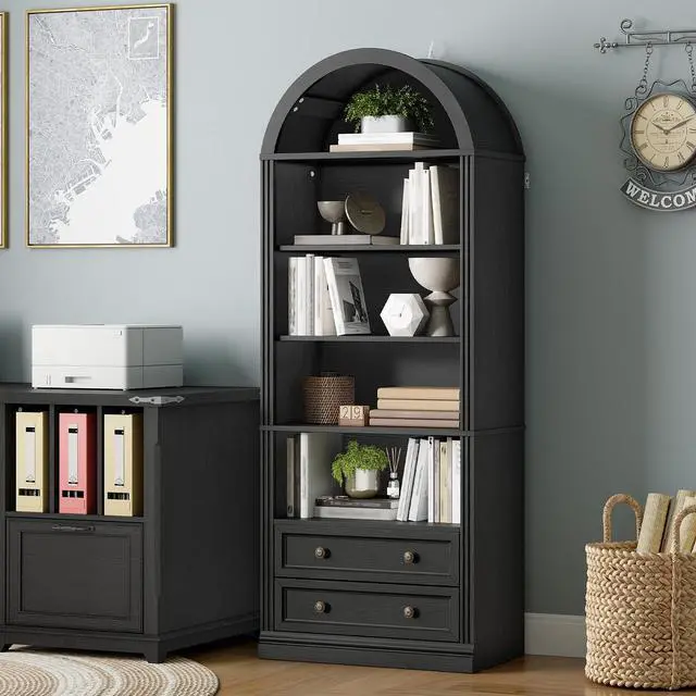 Main image of Farmhouse Arched Bookshelf, 7 Tiers Arch Bookcase with 2 Spacious Drawers, Modern Book Shelf with Open Display Shelves and Storage Cabinet, for Office, Living Room, Kitchen, Black