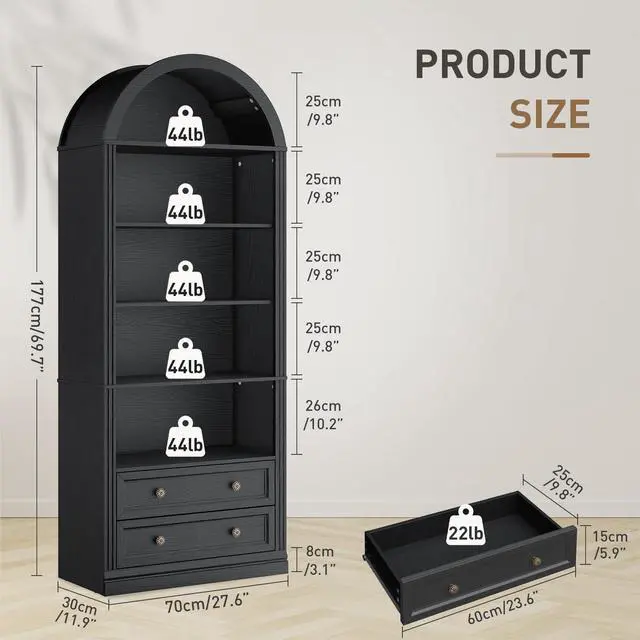 Alt view image 2 of 6 - Farmhouse Arched Bookshelf, 7 Tiers Arch Bookcase with 2 Spacious Drawers, Modern Book Shelf with Open Display Shelves and Storage Cabinet, for Office, Living Room, Kitchen, Black