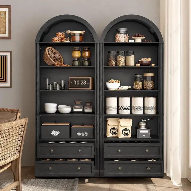 Alt view image 3 of 6 - Farmhouse Arched Bookshelf, 7 Tiers Arch Bookcase with 2 Spacious Drawers, Modern Book Shelf with Open Display Shelves and Storage Cabinet, for Office, Living Room, Kitchen, Black