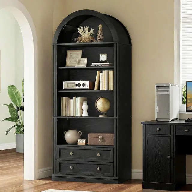 Alt view image 4 of 6 - Farmhouse Arched Bookshelf, 7 Tiers Arch Bookcase with 2 Spacious Drawers, Modern Book Shelf with Open Display Shelves and Storage Cabinet, for Office, Living Room, Kitchen, Black